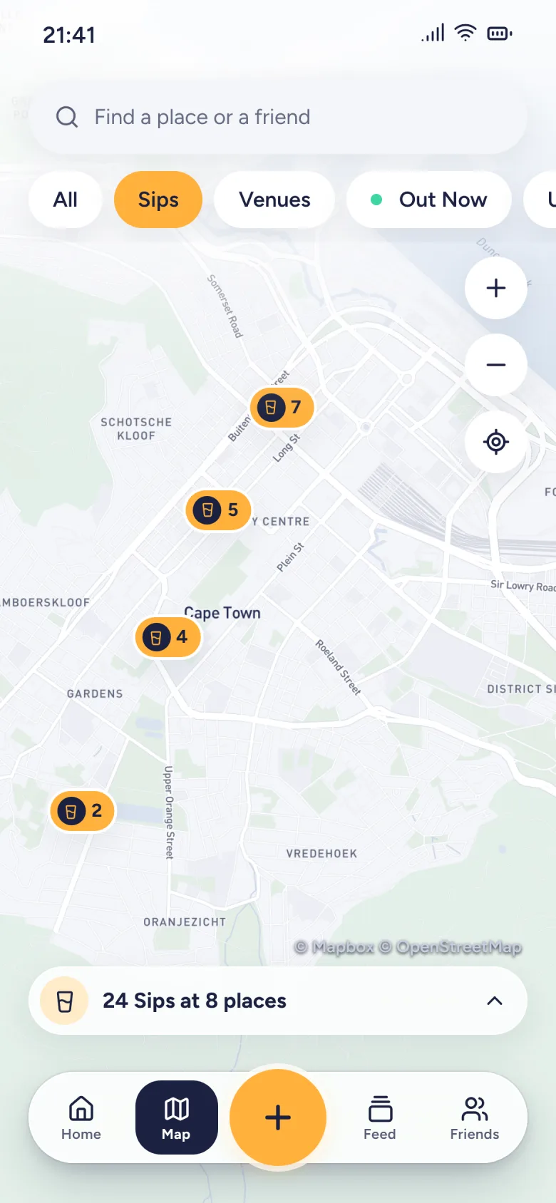 FOMO map of Cape Town showing 24 Sips at 8 places